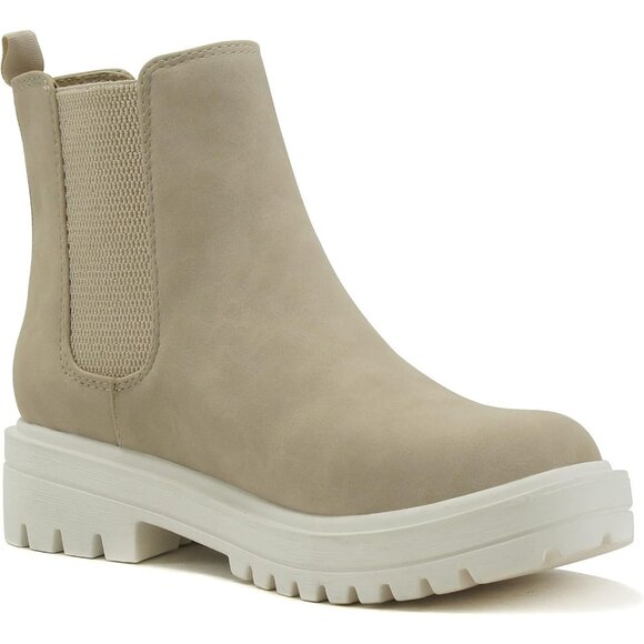 Women Sand Nbpu Lug Sole Low Chunky Heel Chelsea Double Elastic Ankle Booties - Picture 4 of 5